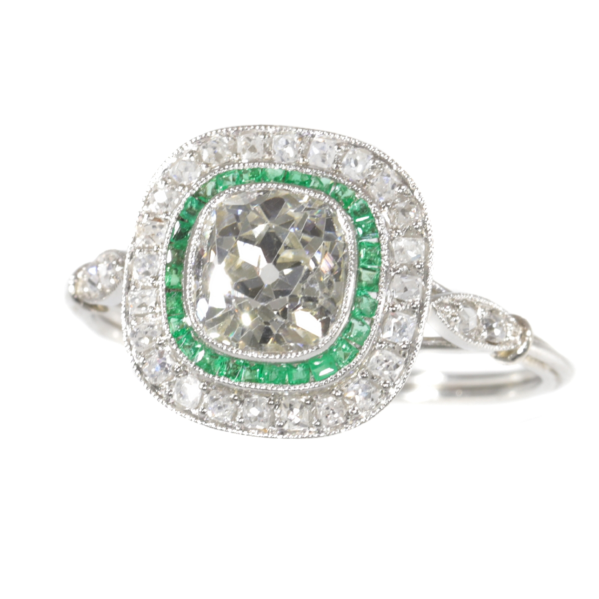 Vintage Art Deco style diamond and emerald engagement ring